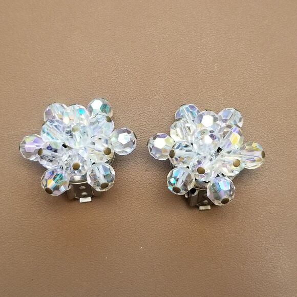 Vintage Aurora Borealis Bead Cluster Clip-On Earrings Crystal Button Style - Picture 2 of 9